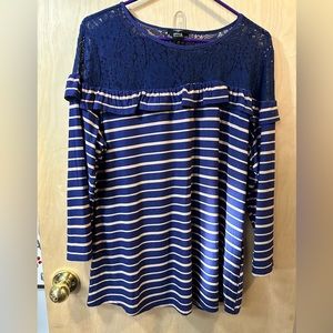 perch by BLU-PEPPER blue blouse1; lacy top/striped bottom dressy shirt; size 1XL